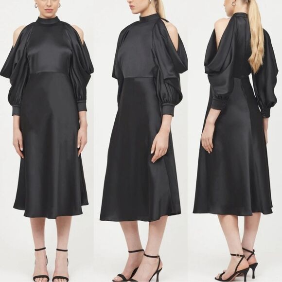 ARIAS Black Halter Neck Satin Cold Shoulder Midi Dress Size 10 - Picture 1 of 15